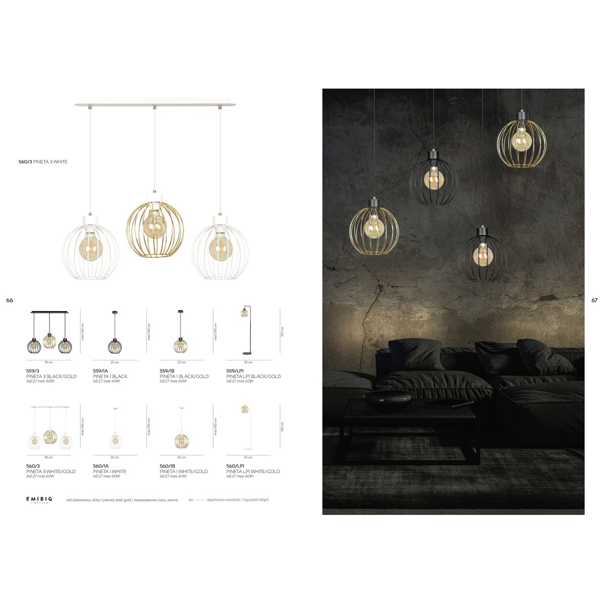 złoto - biała - metalowa lampa wisząca Emibig PINETA 1B WHITE/GOLD 560/1B