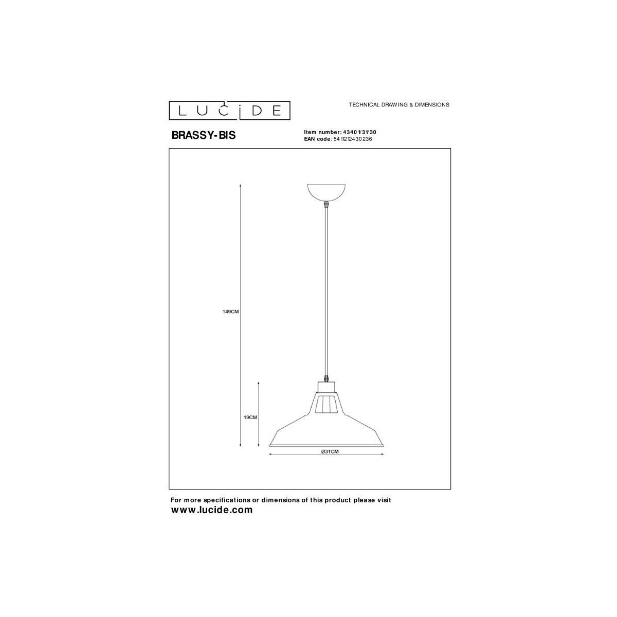 Lucide 43401/31/30 BRASSY-BIS - Lampa wisząca - 31 cm - 1xE27 - Czarny