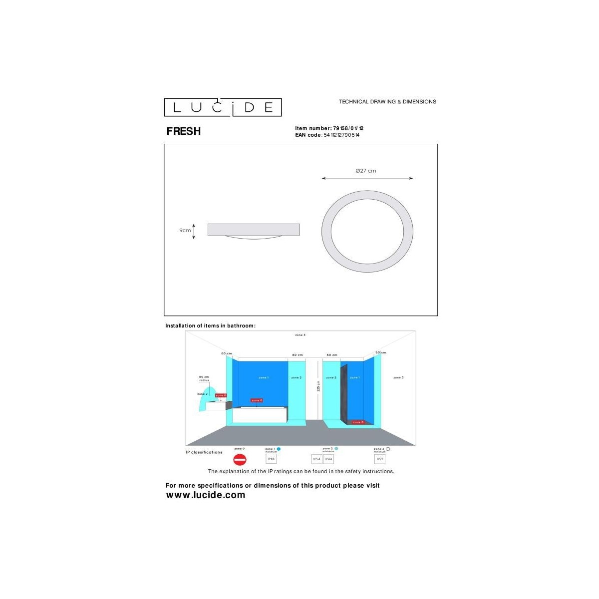 Lucide 79158/01/12 FRESH - Lampa sufitowa łazienkowa wpuszczana - 27 cm - 1xE27 - IP44 - Chrom satynowy