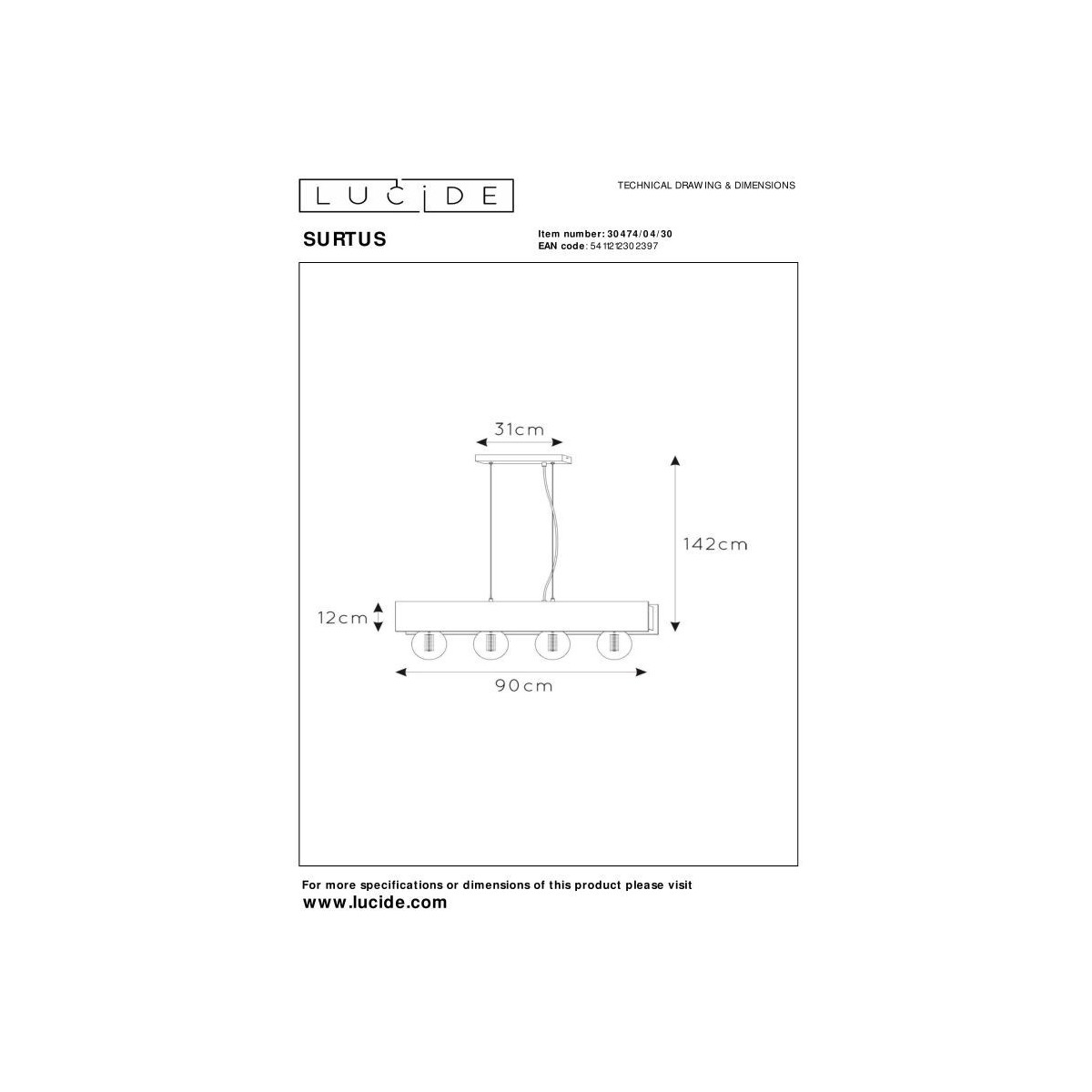 Lucide 30474/04/30 SURTUS - Lampa wisząca - 4xE27 - Czarna