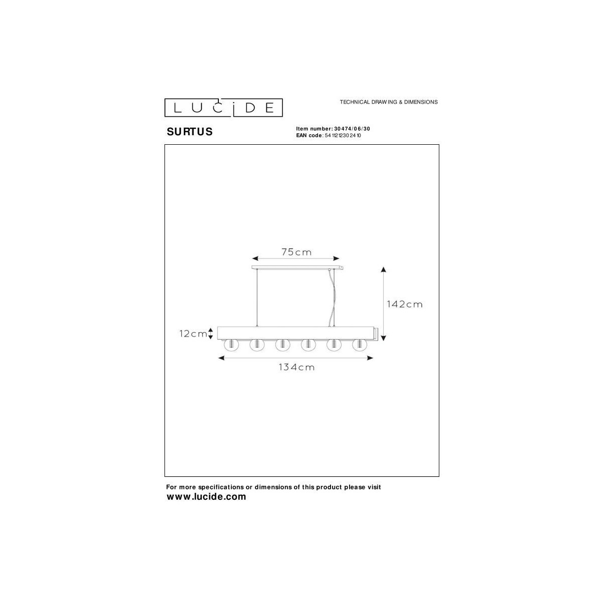 Lucide 30474/06/30 SURTUS - Lampa wisząca - 6xE27 - Czarny