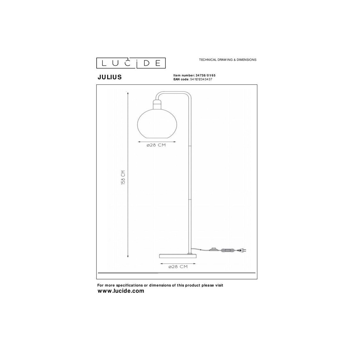 Lucide 34738/01/65 JULIUS - Lampa podłogowa - 28 cm - 1xE27 - Szary dymny