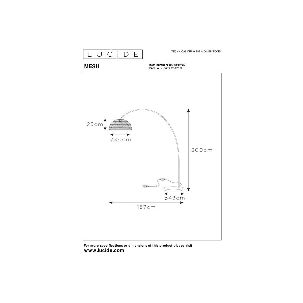 Lucide 30773/01/30 MESH - Lampa podłogowa łukowa - 1xE27 - Czarna