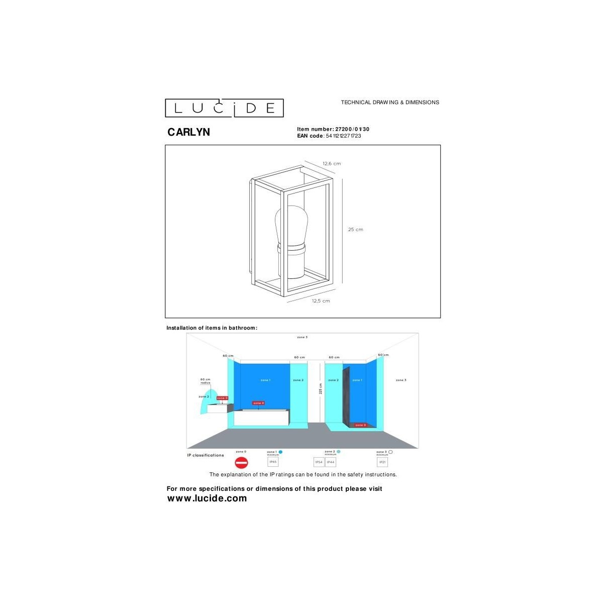 Lucide 27200/01/30 CARLYN - Kinkiet łazienkowy - 1xE14 - IP54 - Czarny