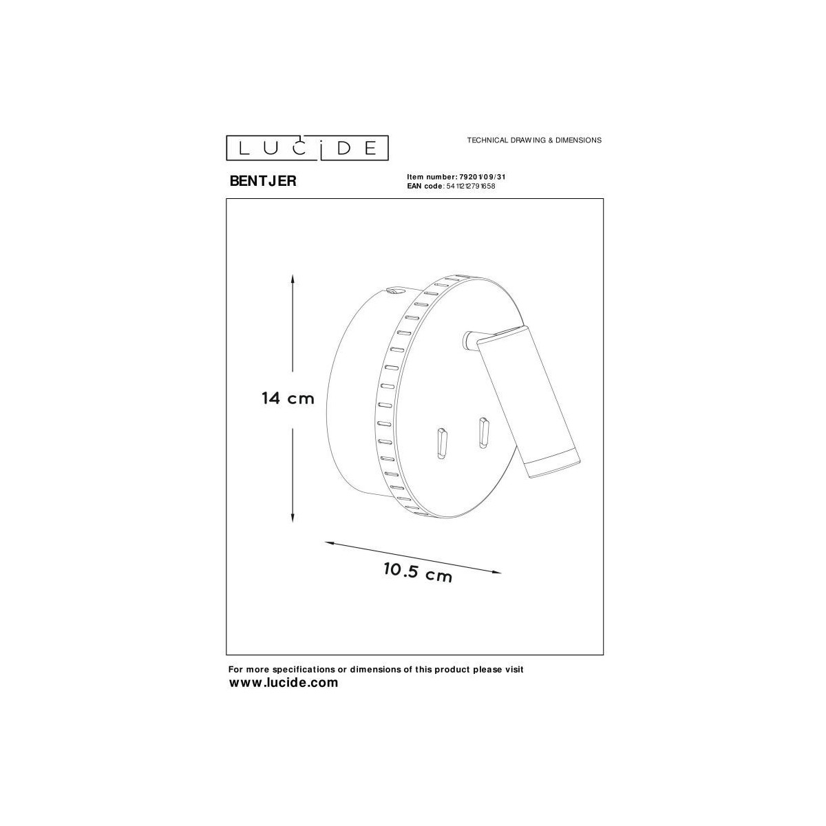 Lucide 79201/09/31 BENTJER - Lampka nocna - Kinkiet - 14 cm - LED - 3000K - Biały