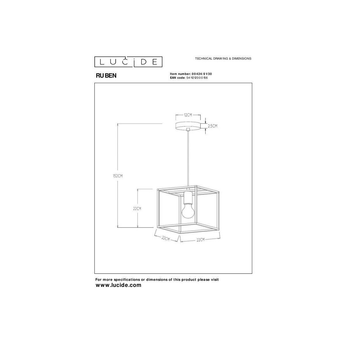 Lucide 00424/01/30 RUBEN - Lampa wisząca - 1xE27 - Czarny