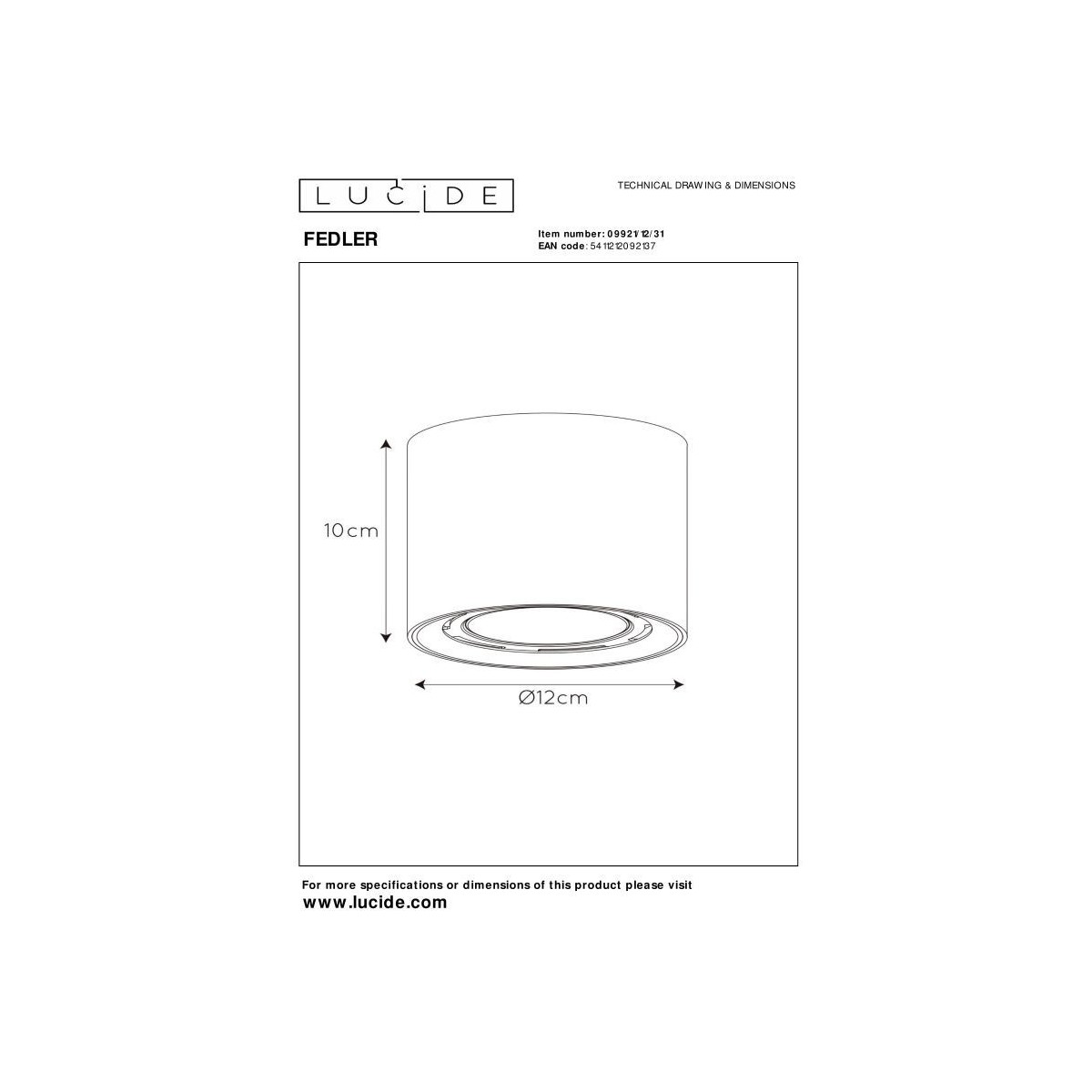 Lucide 09921/12/31 FEDLER - Reflektor sufitowy - 12 cm - LED Ściemnialny do ciepłego - GU10 (ES111) - 1x12W 2200K-3000K - Bia…