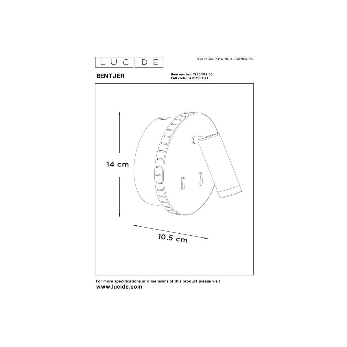 Lucide 79201/09/30 BENTJER - Lampka nocna - Kinkiet - 14 cm - LED - 3000K - Czarny
