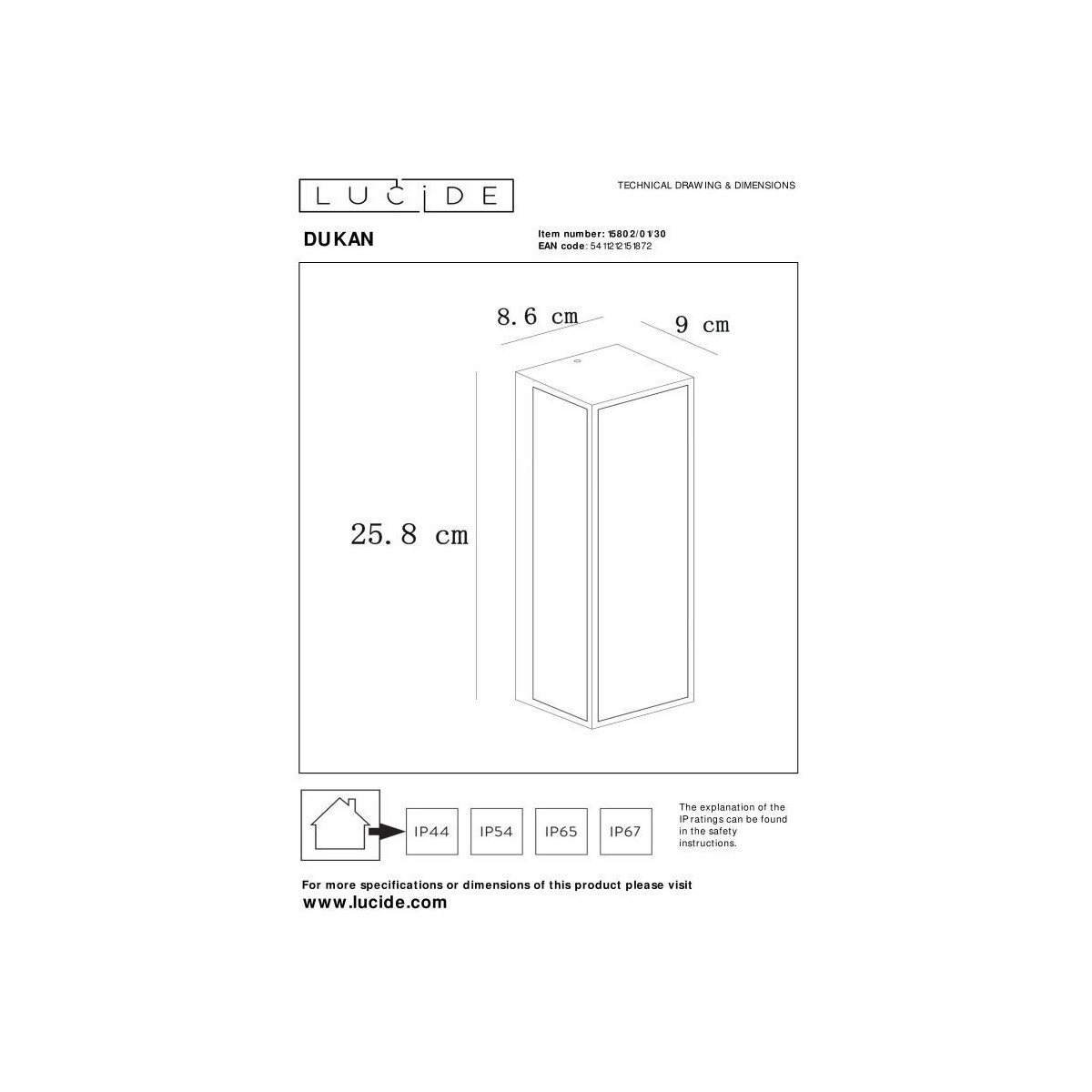 Lucide 15802/01/30 DUKAN - Kinkiet do wewnątrz i na zewnątrz - 1xE27 - IP65 - Czarny