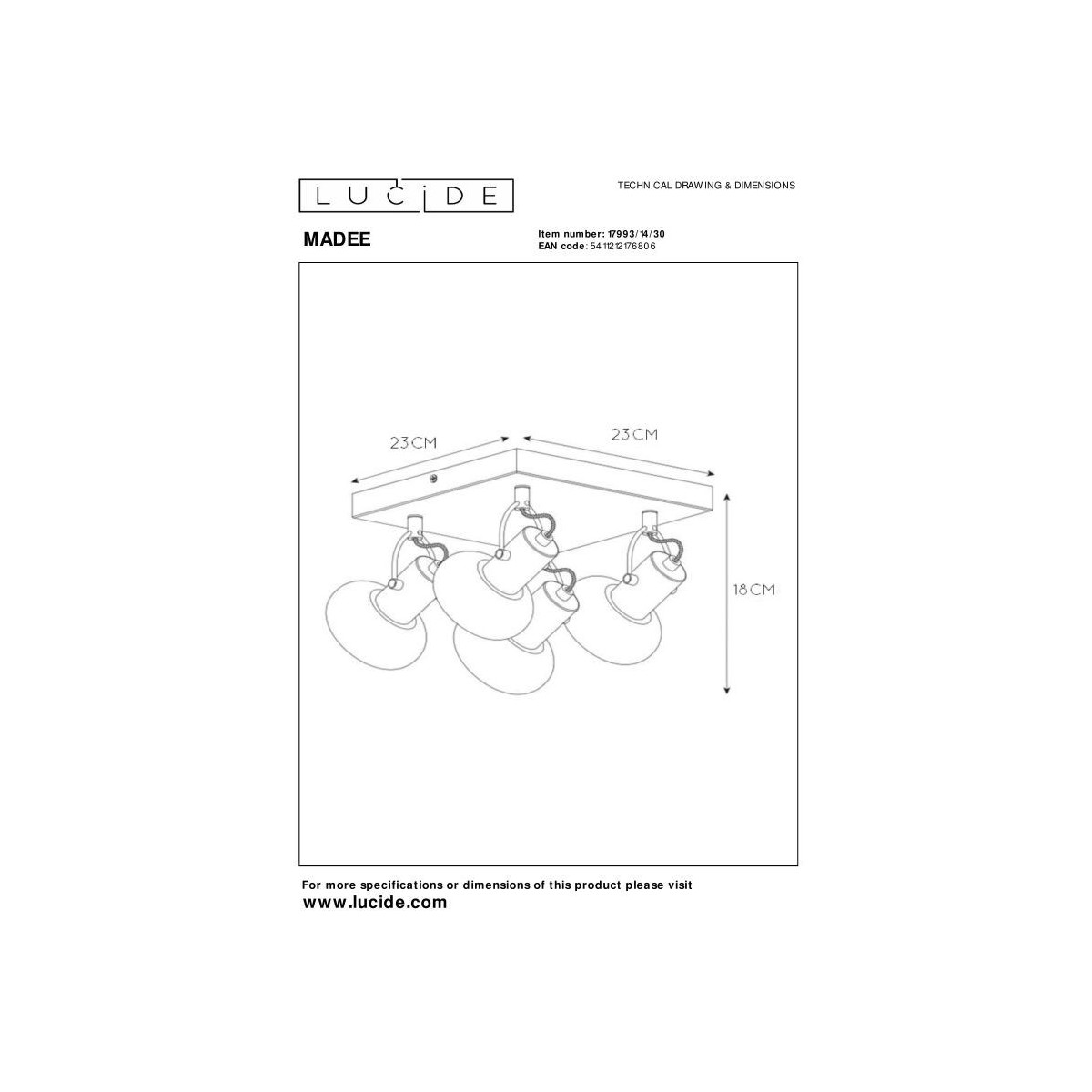 Lucide 17993/14/30 MADEE - Reflektor sufitowy - 4xE14 - Czarny