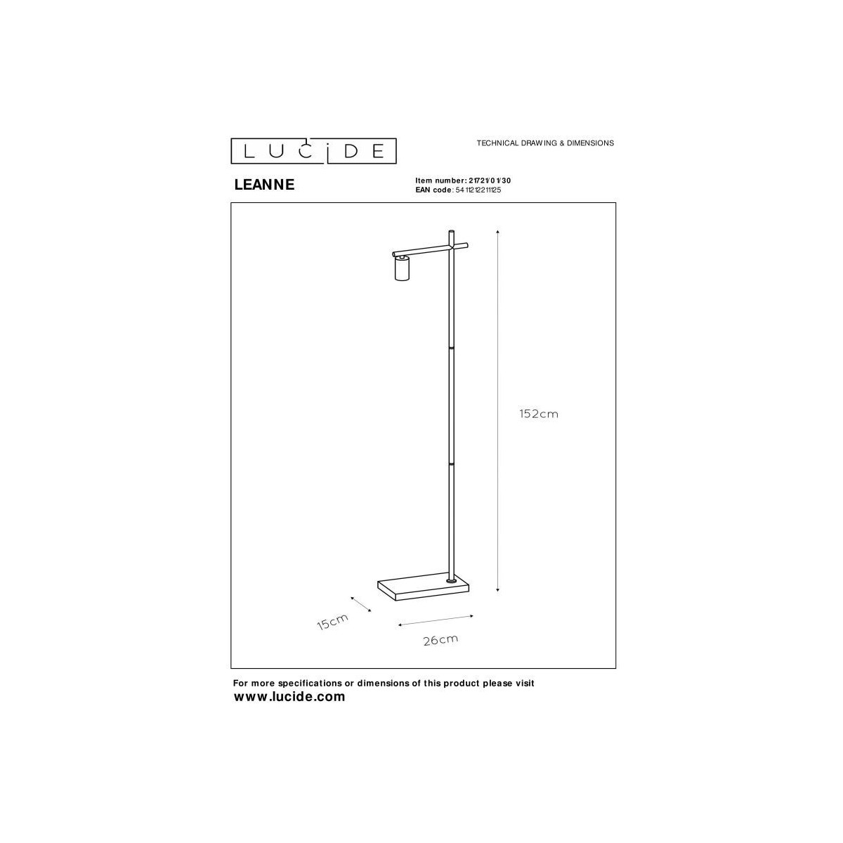 Lucide 21721/01/30 LEANNE - Lampa podłogowa - 1xE27 - Czarna