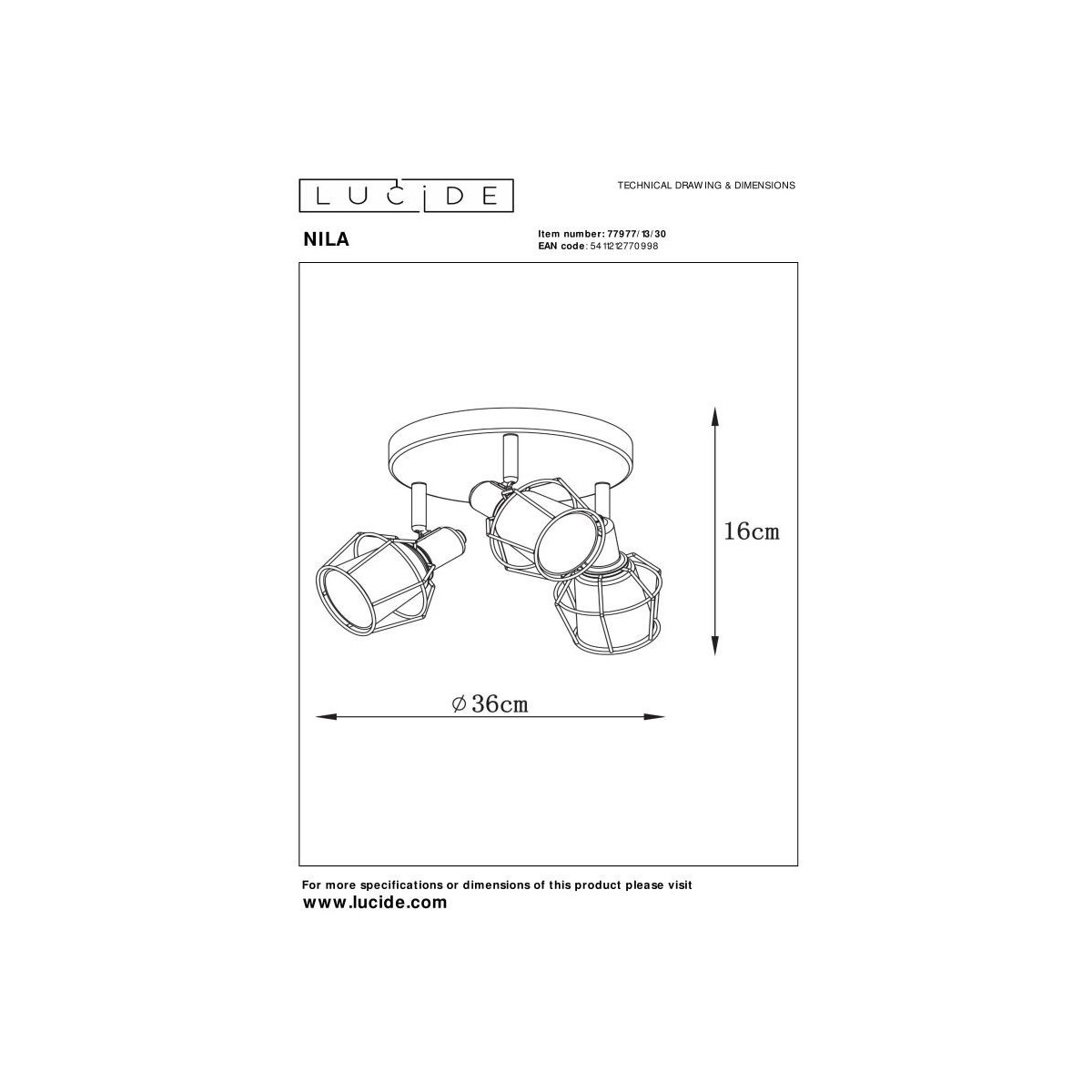Lucide 77977/13/30 NILA - Reflektor sufitowy - 36 cm - 3xE14 - Czarny