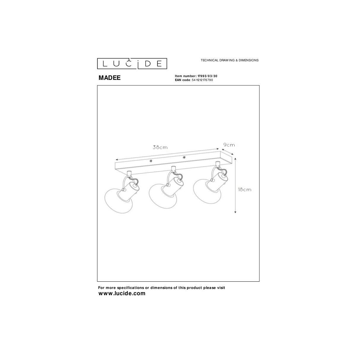 Lucide 17993/03/30 MADEE - Reflektor sufitowy - 3xE14 - Czarny