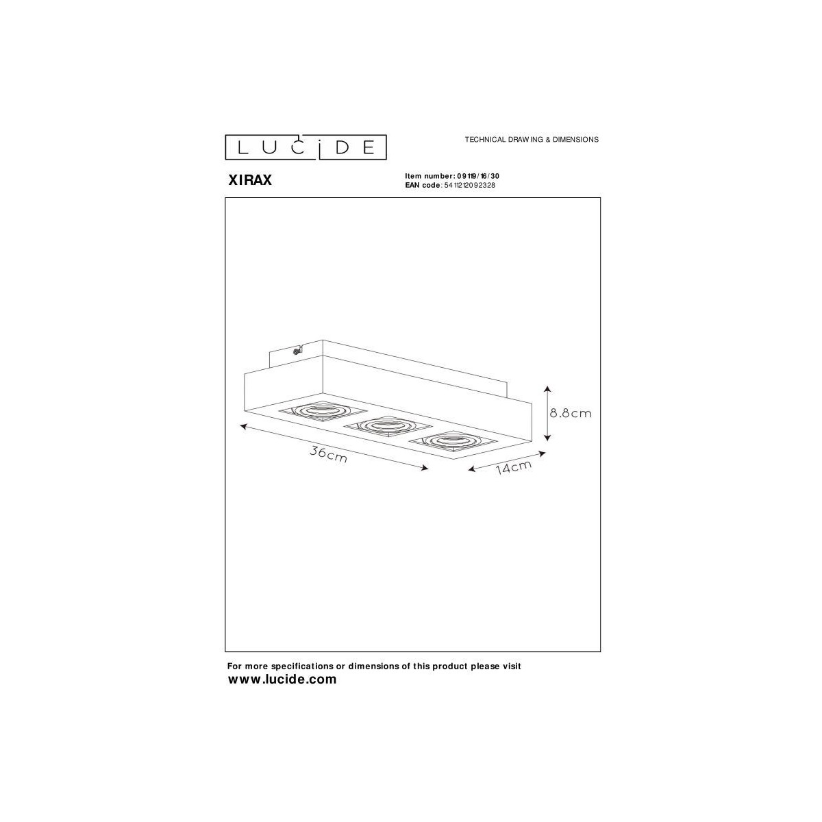 Lucide 09119/16/30 XIRAX - Reflektor sufitowy - LED Ściemnialny do ciepłego - GU10 - 3x5W 2200K-3000K - Czarny