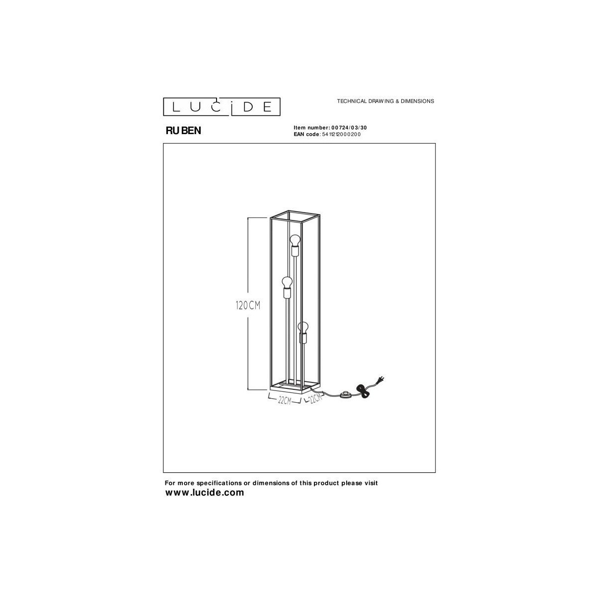Lucide 00724/03/30 RUBEN - Lampa podłogowa - 3xE27 - Czarna