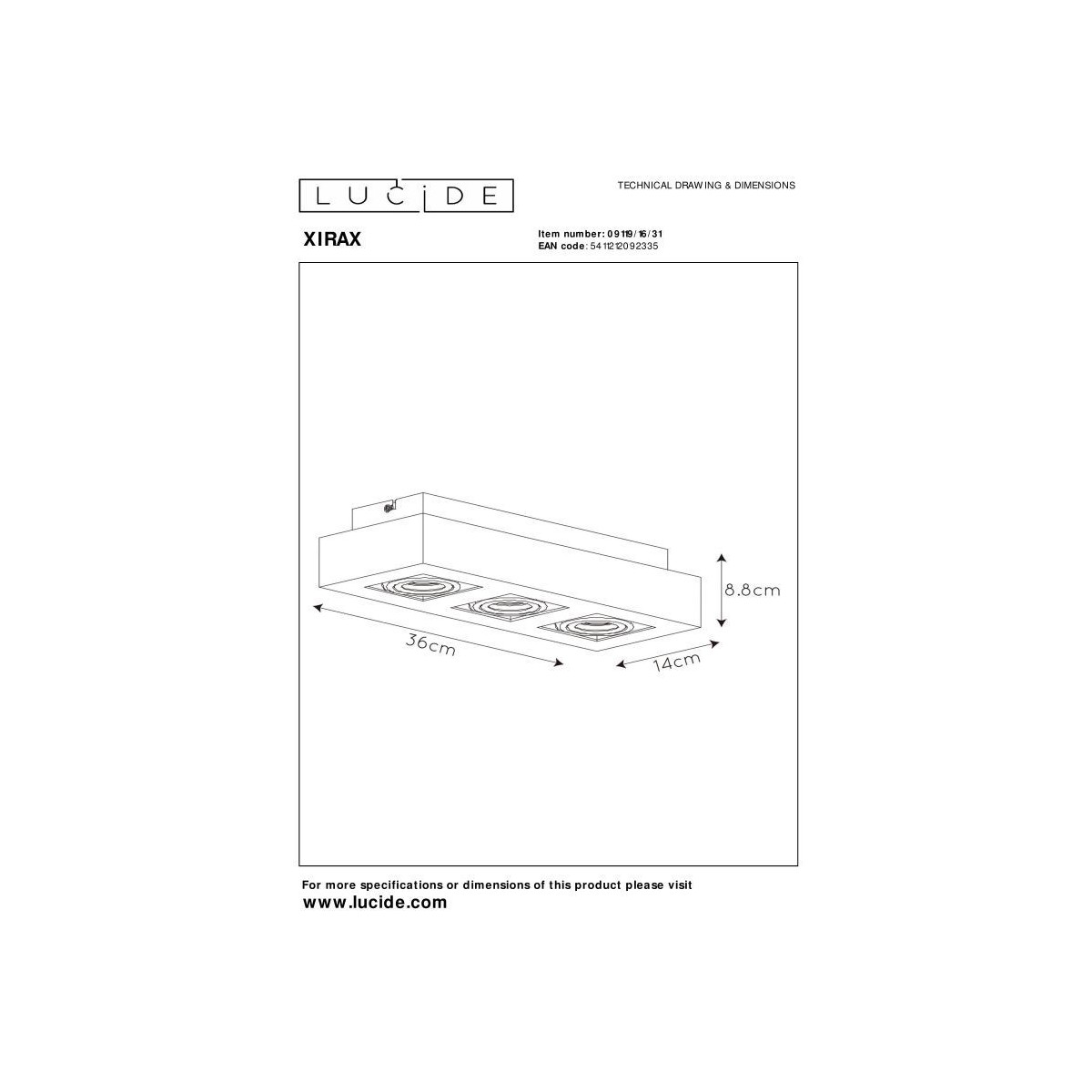 Lucide 09119/16/31 XIRAX - Reflektor sufitowy - LED Ściemnialny do ciepłego - GU10 - 3x5W 2200K-3000K - Biały