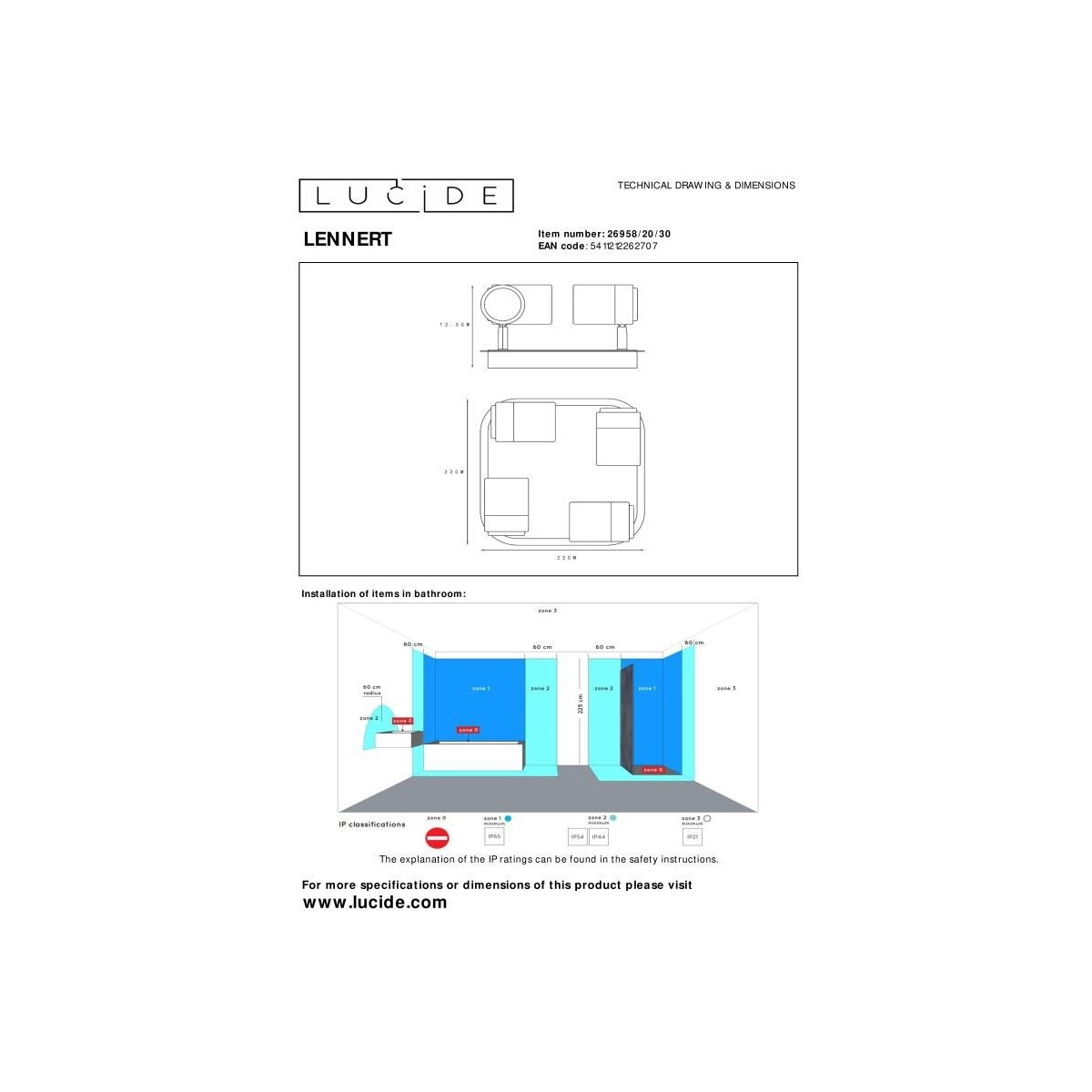 Lucide 26958/20/30 LENNERT - Reflektor sufitowy łazienkowy - LED ściemnialny - GU10 - 4x5W 3000K - IP44 - czarny