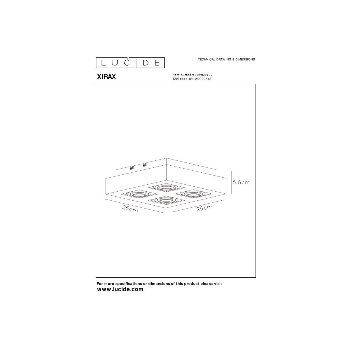 Lucide 09119/21/30 XIRAX - Reflektor sufitowy - LED Ściemnialny do ciepłego - GU10 - 4x5W 2200K-3000K - Czarny