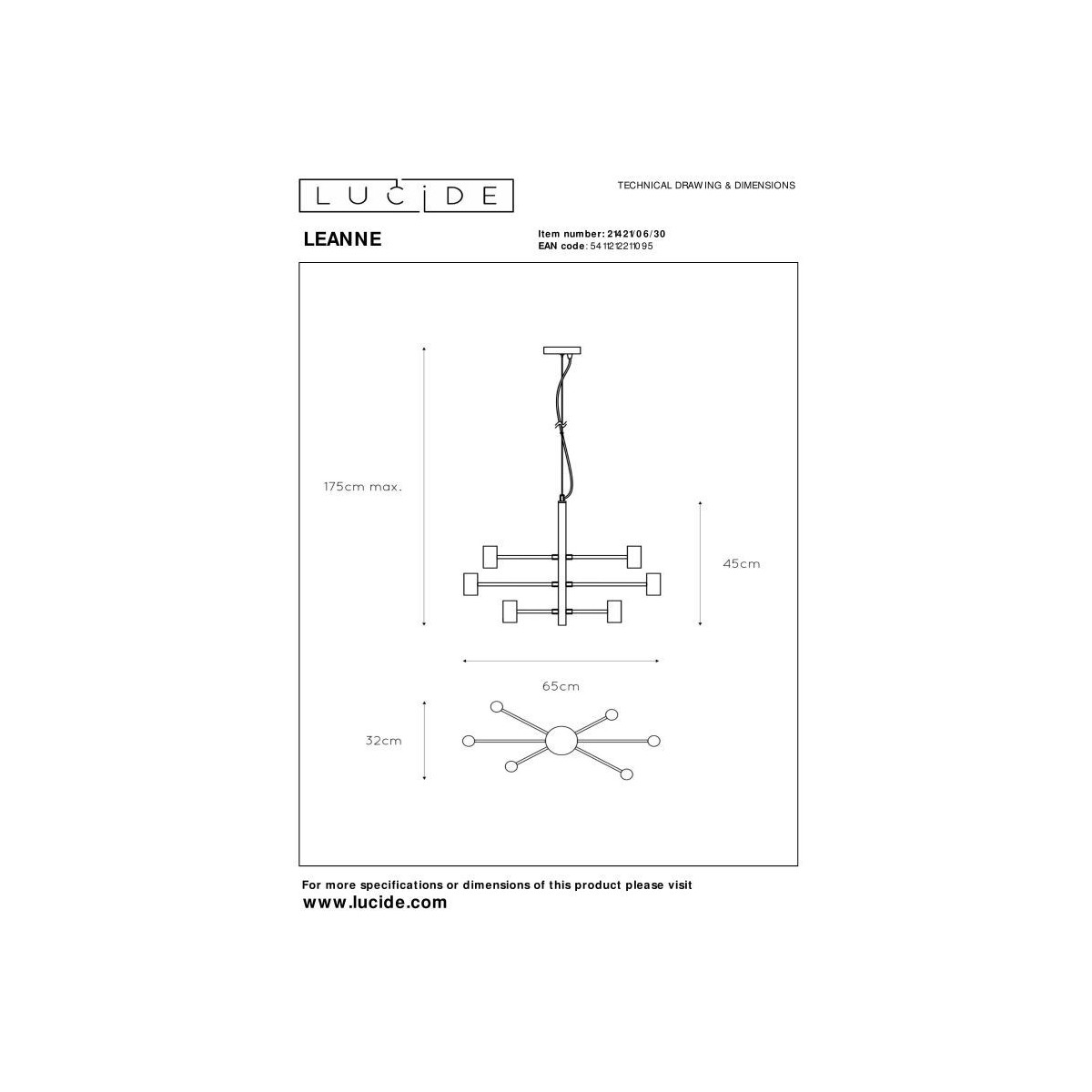 Lucide 21421/06/30 LEANNE - Lampa wisząca - 6xE27 - Czarna