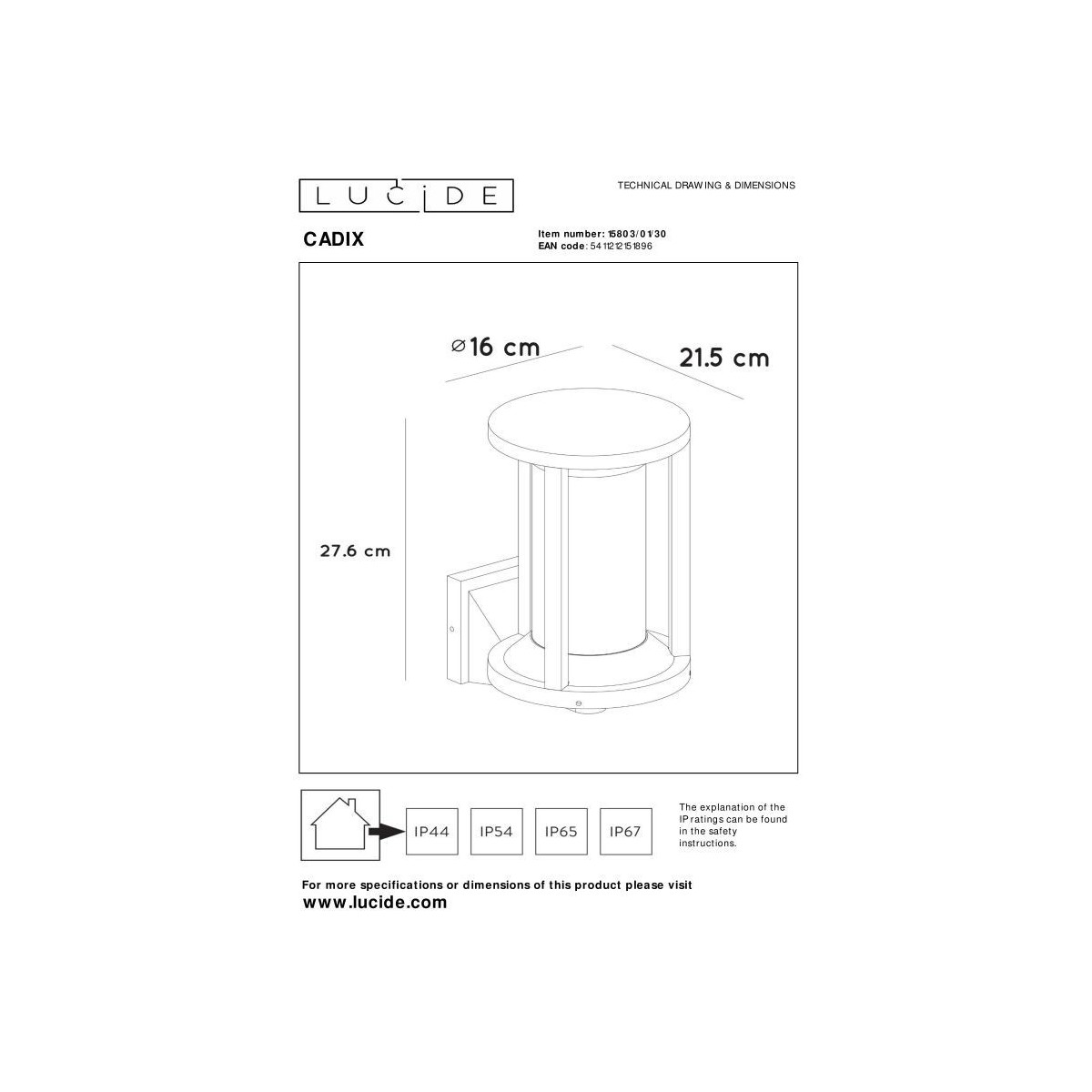Lucide 15803/01/30 CADIX - Kinkiet do wewnątrz i na zewnątrz - 1xE27 - IP65 - Czarny