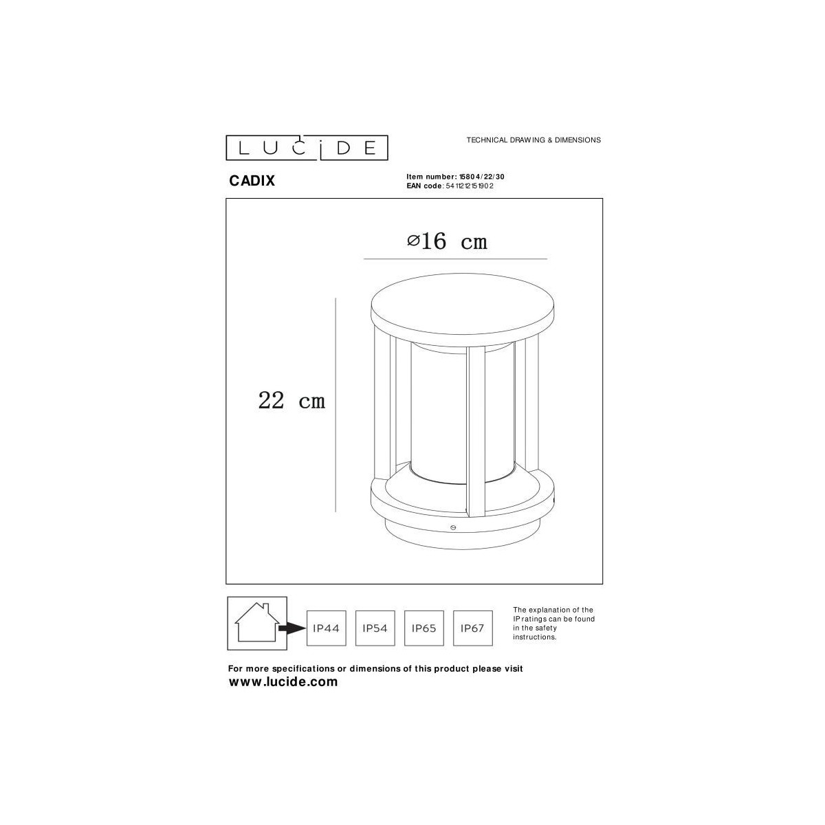 Lucide 15804/22/30 CADIX - Słupek oświetleniowy - 16 cm - 1xE27 - IP65 - Czarny