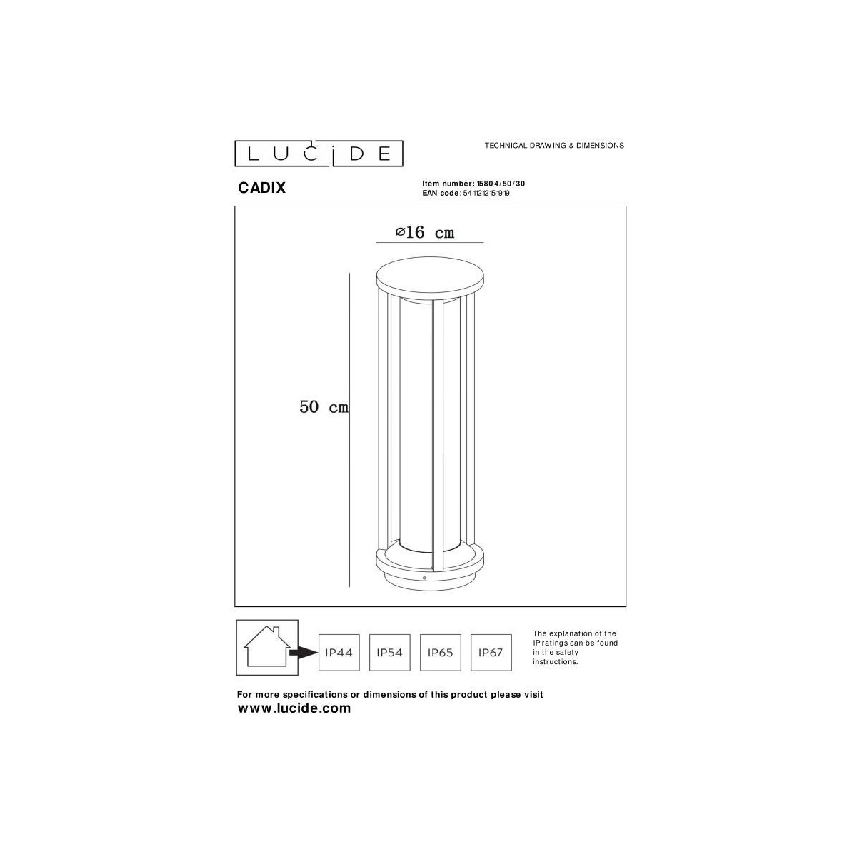 Lucide 15804/50/30 CADIX - Słupek oświetleniowy - 16 cm - 1xE27 - IP65 - Czarny