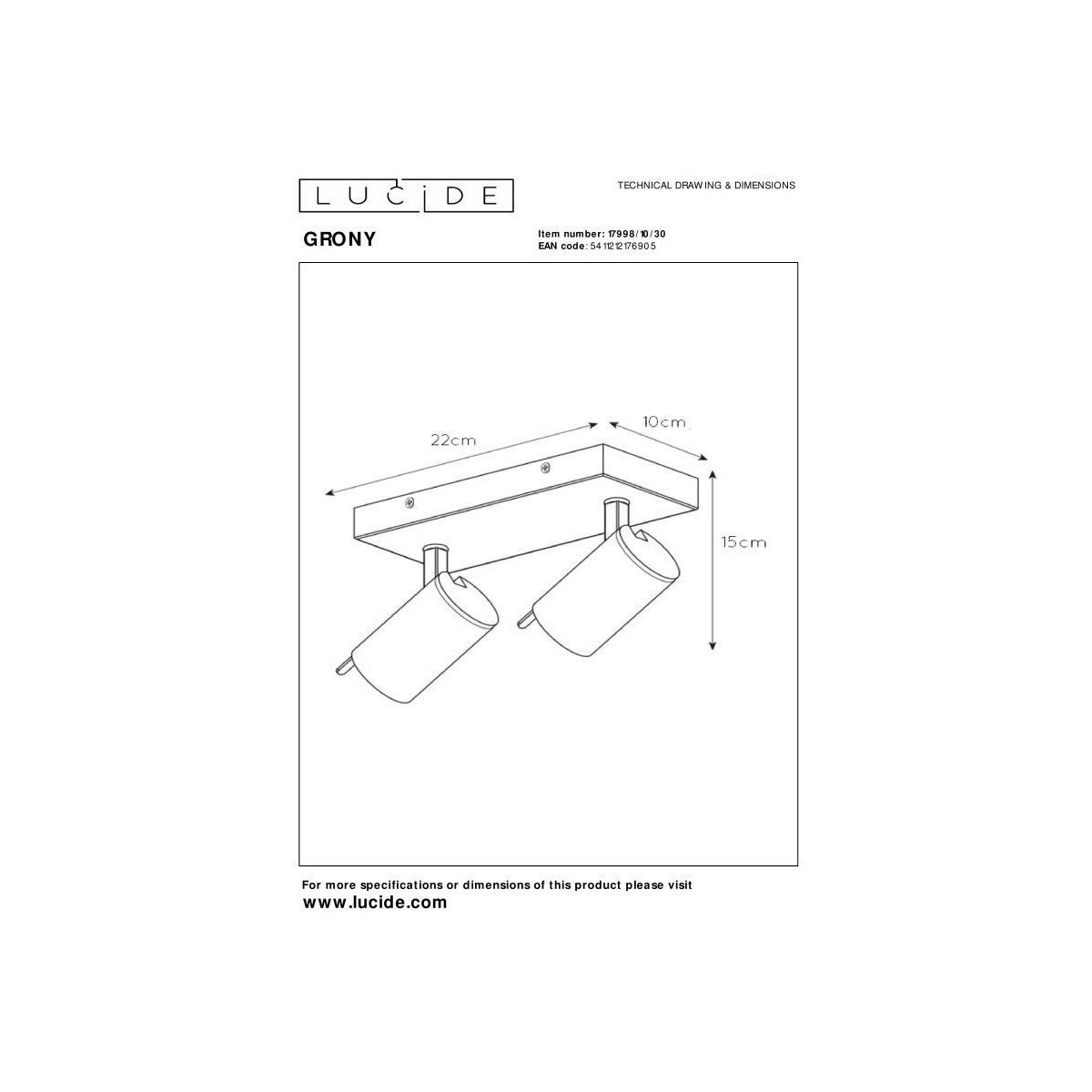 Lucide 17998/10/30 GRONY - Reflektor sufitowy - LED Ściemnialny do ciepłego - GU10 - 2x5W 2200K-3000K - Czarny