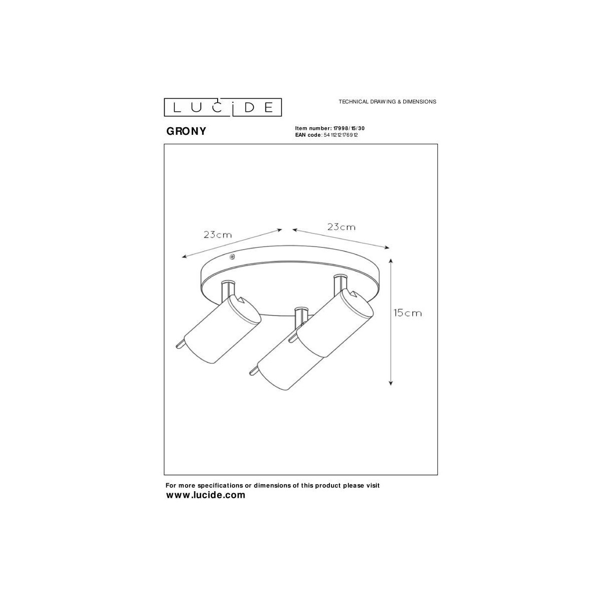 Lucide 17998/15/30 GRONY - Reflektor sufitowy - LED Ściemnialny do ciepłego - GU10 - 3x5W 2200K-3000K - Czarny