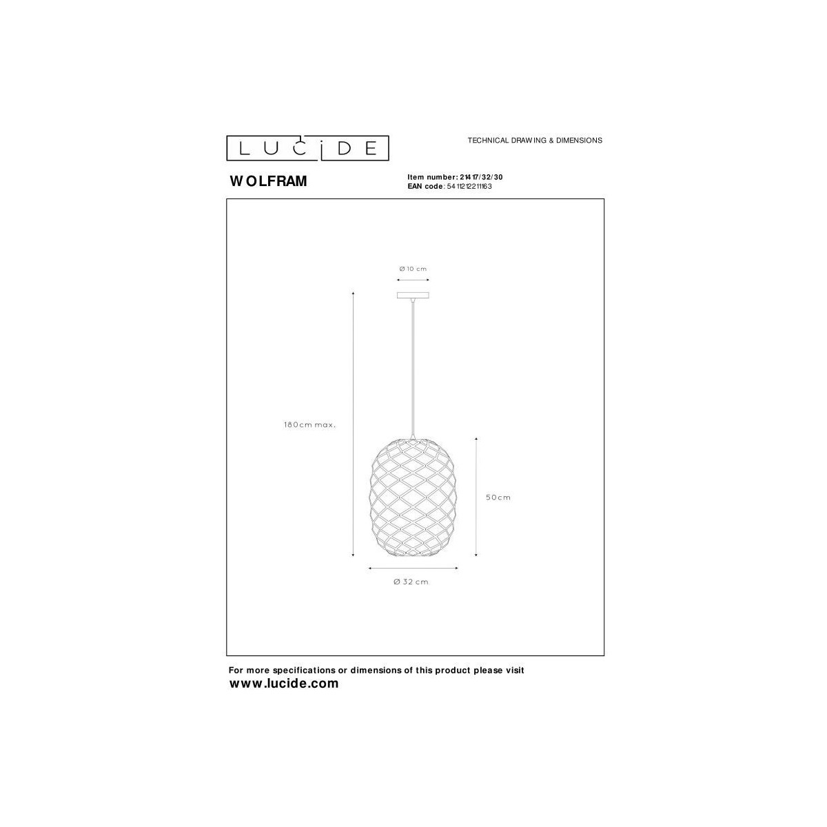 Lucide 21417/32/30 WOLFRAM - Lampa wisząca - 32 cm - 1xE27 - Czarna