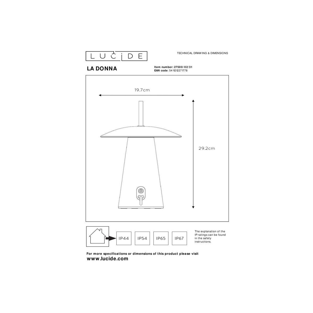 Lucide 27500/02/31 LA DONNA - Lampa stołowa z akumulatorem do użytku wewnątrz i na zewnątrz - Akumulator - 19.7 cm - LED 3-st…