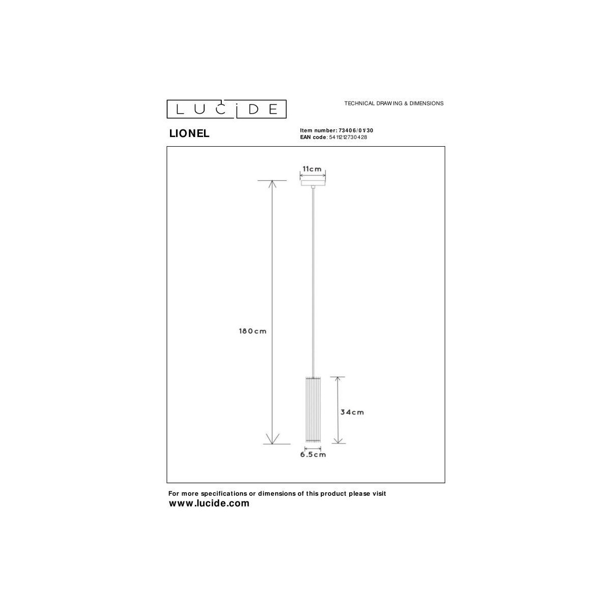 Lucide 73406/01/30 LIONEL - Lampa wisząca - 6.5 cm - 1xE27 - Czarny