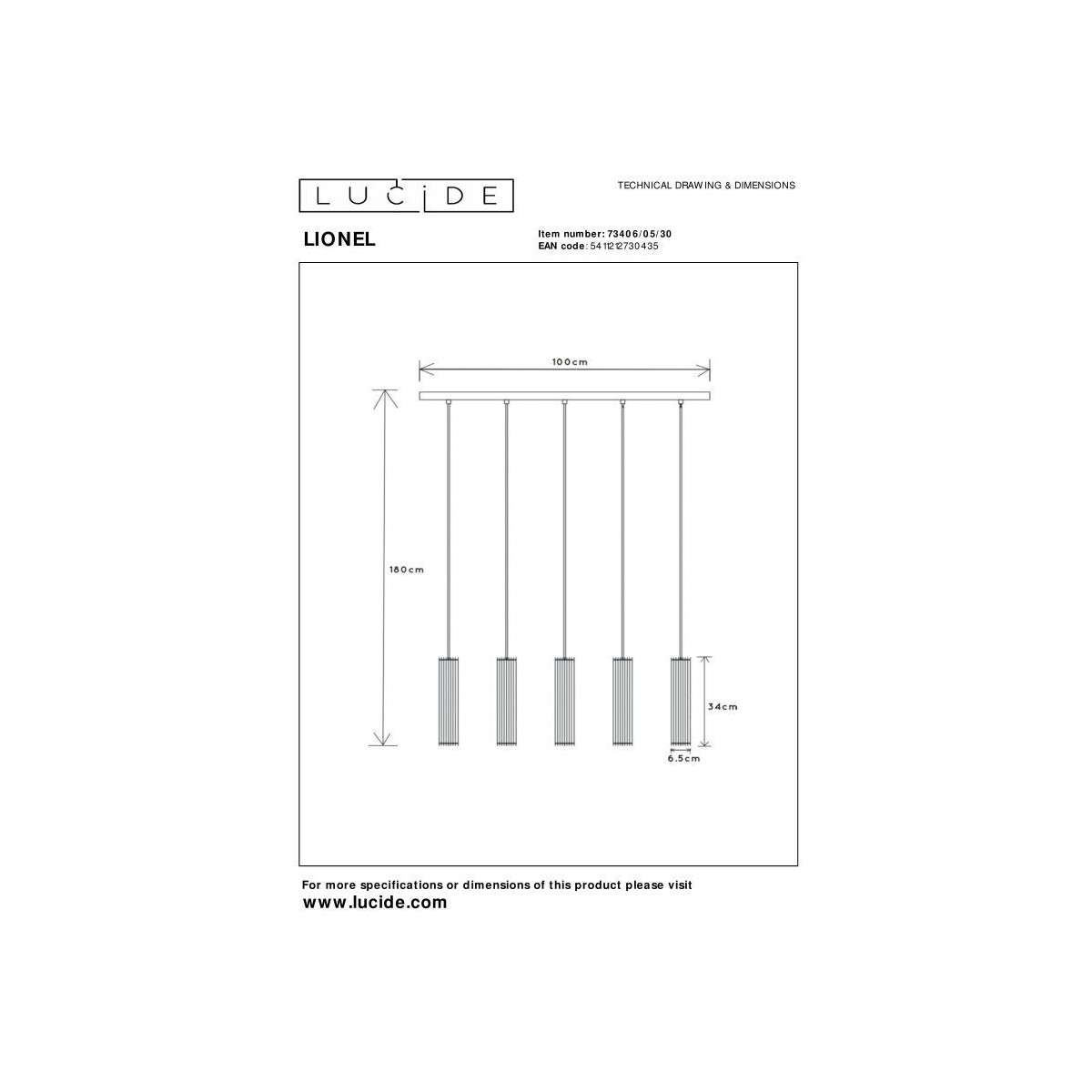 Lucide 73406/05/30 LIONEL - Lampa wisząca - 5xE27 - Czarna