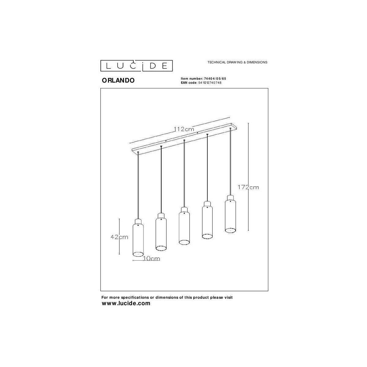 Lucide 74404/05/65 ORLANDO - Lampa wisząca - 5xE27 - Szary dymny