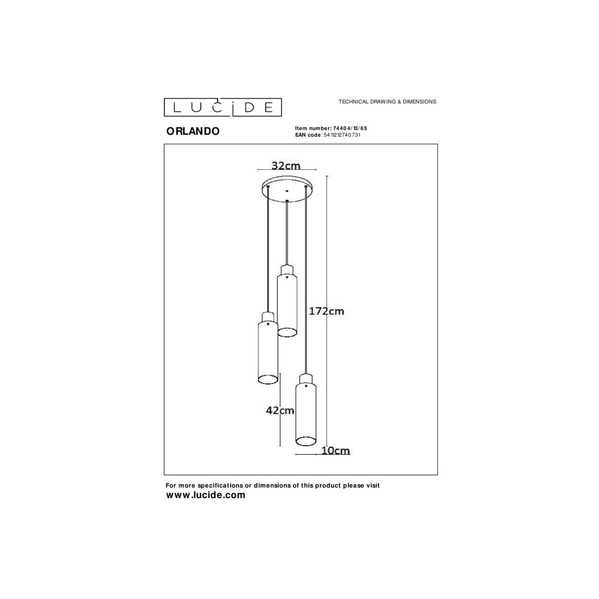 Lucide 74404/13/65 ORLANDO - Lampa wisząca - 32 cm - 3xE27 - Szary dymny