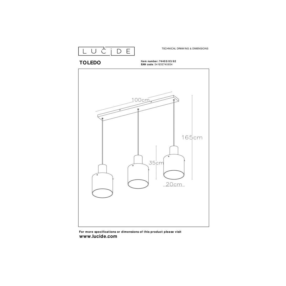 Lucide 74405/03/62 TOLEDO - Lampa wisząca - 20 cm - 3xE27 - Bursztynowa