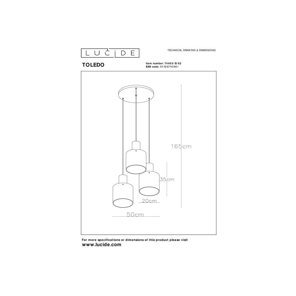 Lucide 74405/13/62 TOLEDO - Lampa wisząca - 3xE27 - Bursztynowa
