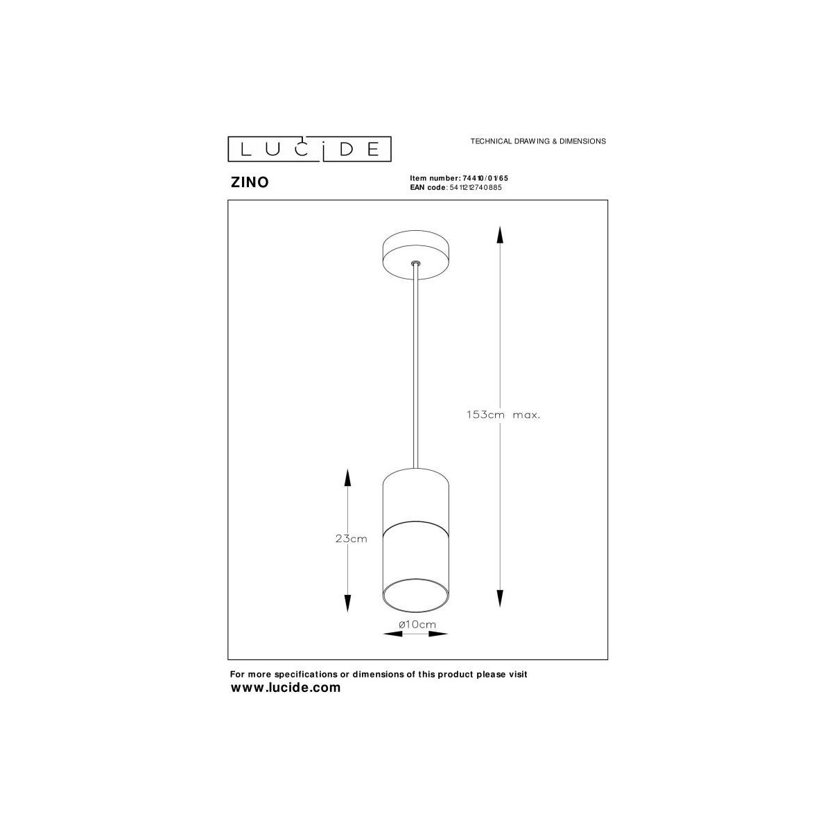 Lucide 74410/01/65 ZINO - Lampa wisząca - 10 cm - 1xE27 - Szary dymny