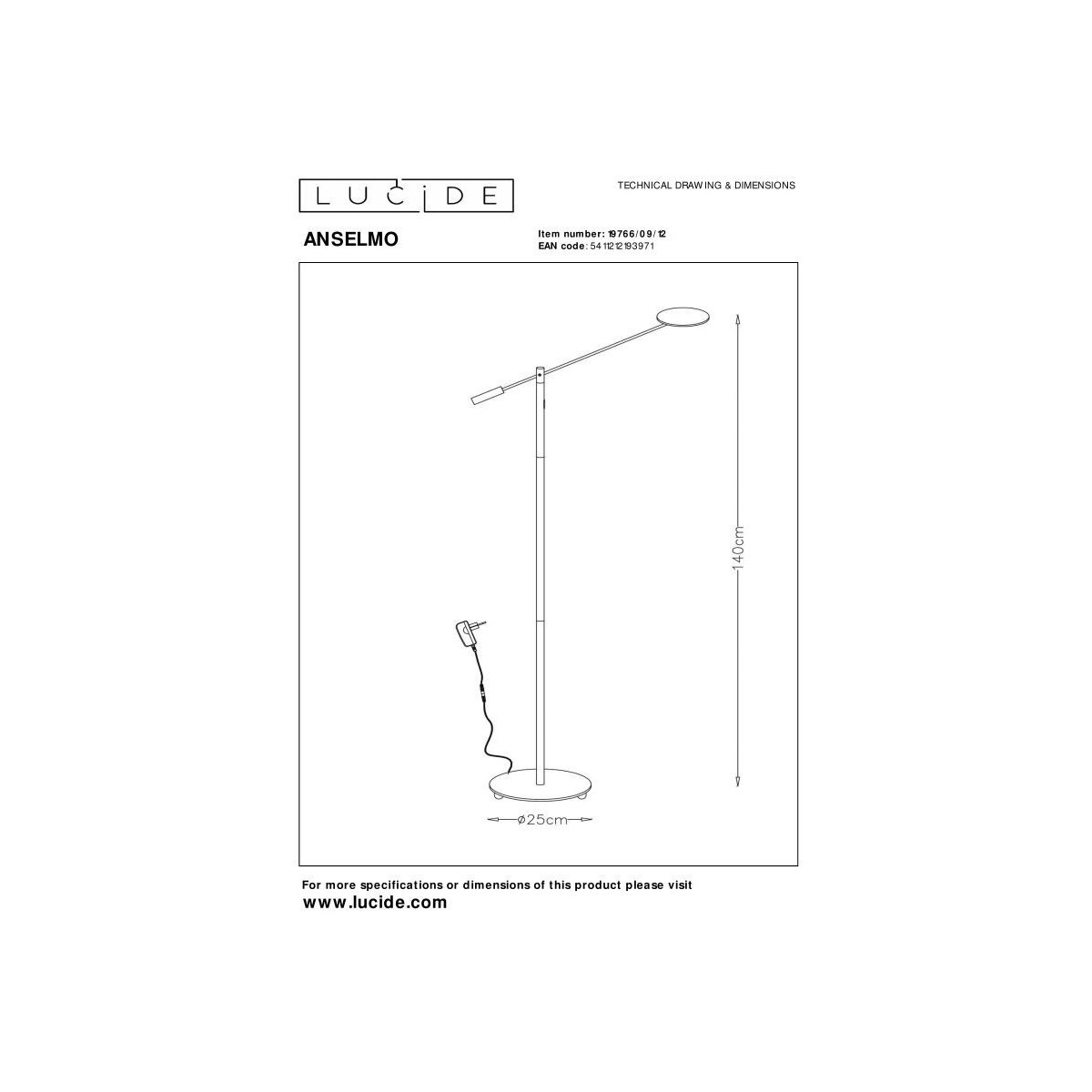 Lucide 19766/09/12 ANSELMO - Lampa podłogowa do czytania - 25 cm - LED Dim. - 1x9W 3000K - Satynowy chrom