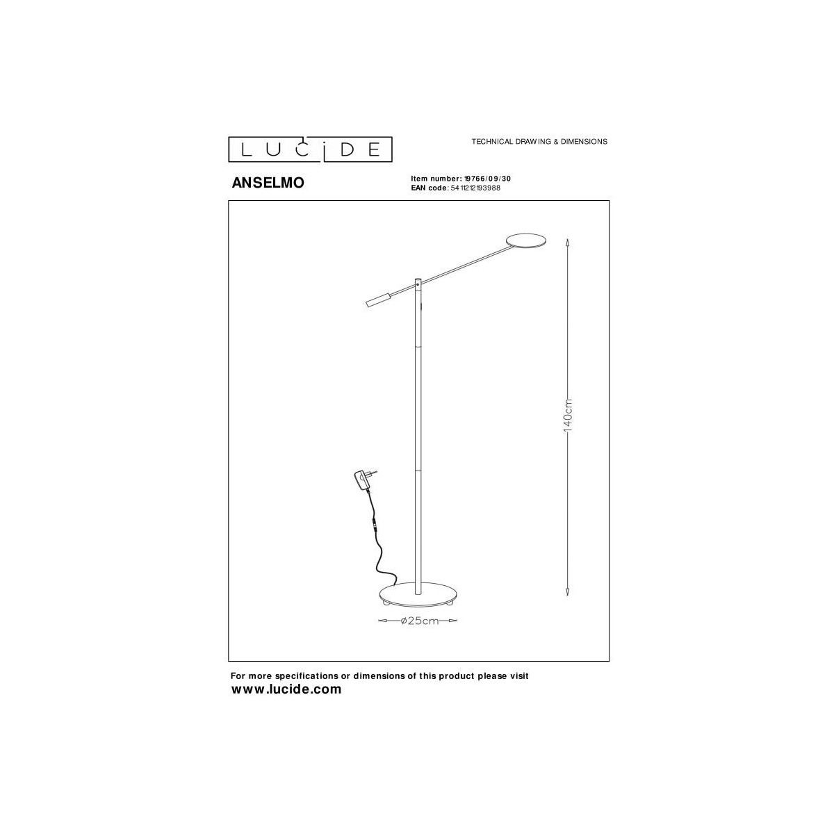 Lucide 19766/09/30 ANSELMO - Lampa podłogowa do czytania - 25 cm - Ściemniacz LED - 1x9W 3000K - Czarny