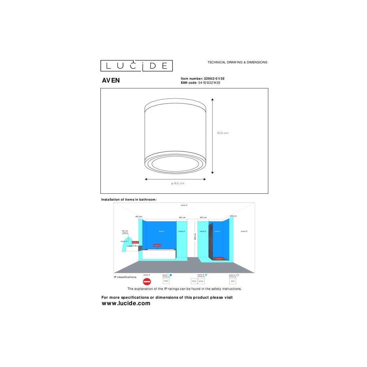 Lucide 22962/01/30 AVEN - Reflektor sufitowy łazienkowy - 9 cm - 1xGU10 - IP65 - Czarny
