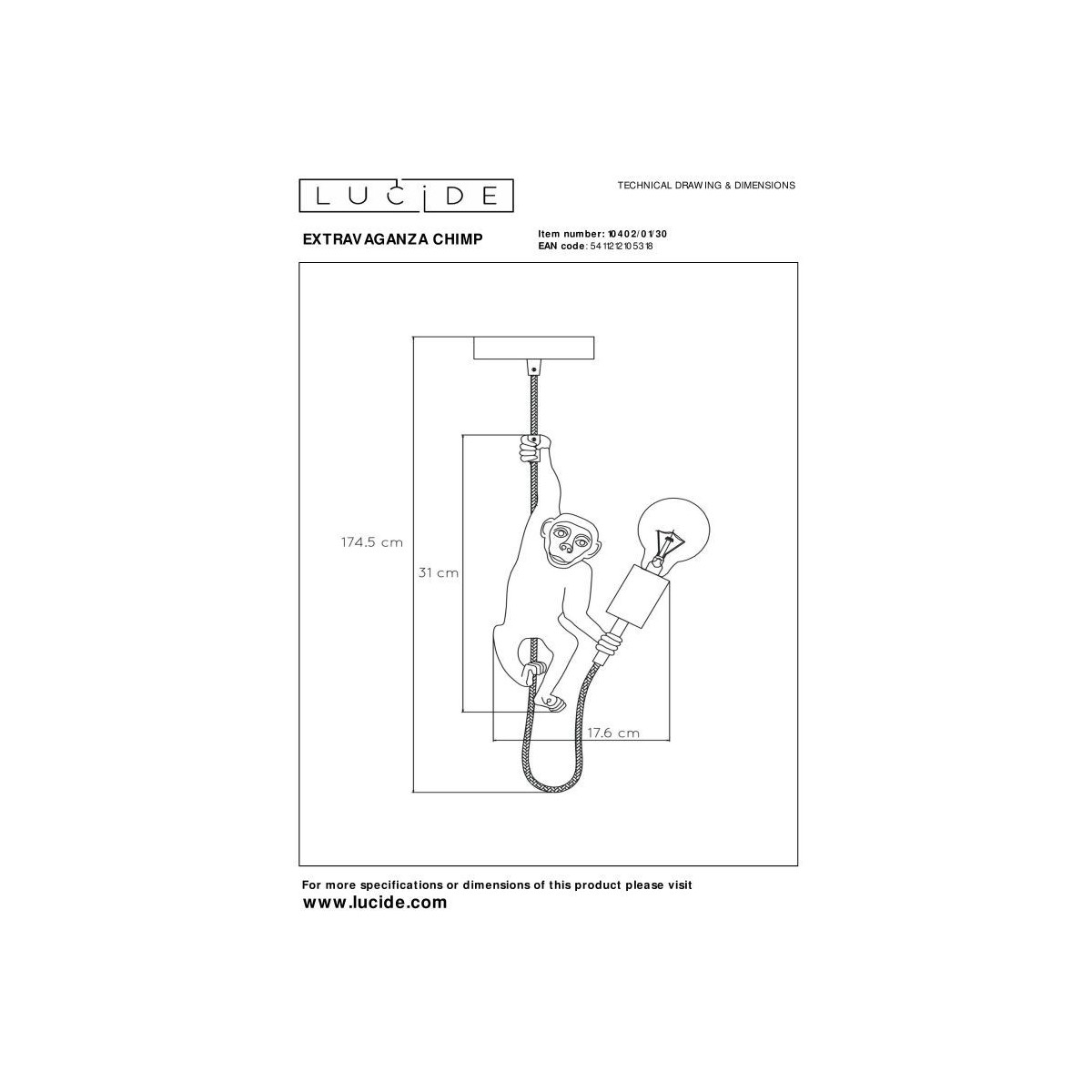 Lucide 10402/01/30 EXTRAVAGANZA CHIMP - Lampa wisząca - 17.6 cm - 1xE27 - Czarny