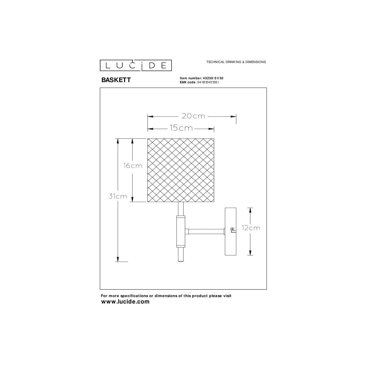 Lucide 45259/01/30 BASKETT - Kinkiet - 1xE27 - Czarny