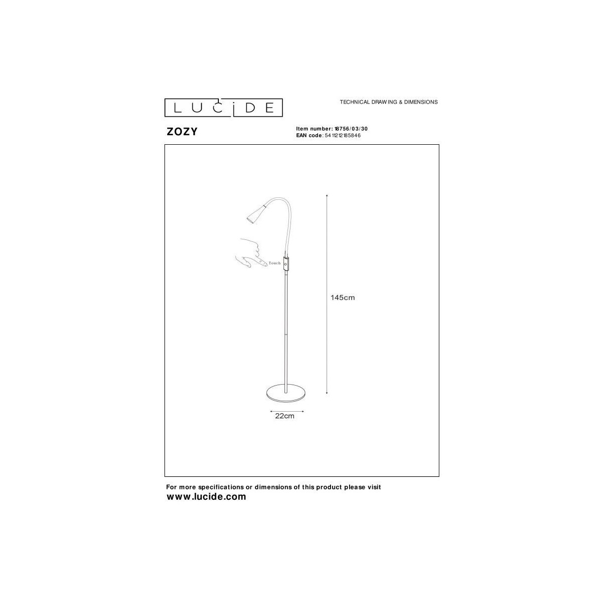 Lucide 18756/03/30 ZOZY - Lampa podłogowa do czytania - LED 3 StepDim - 1x4W 3000K - Czarna