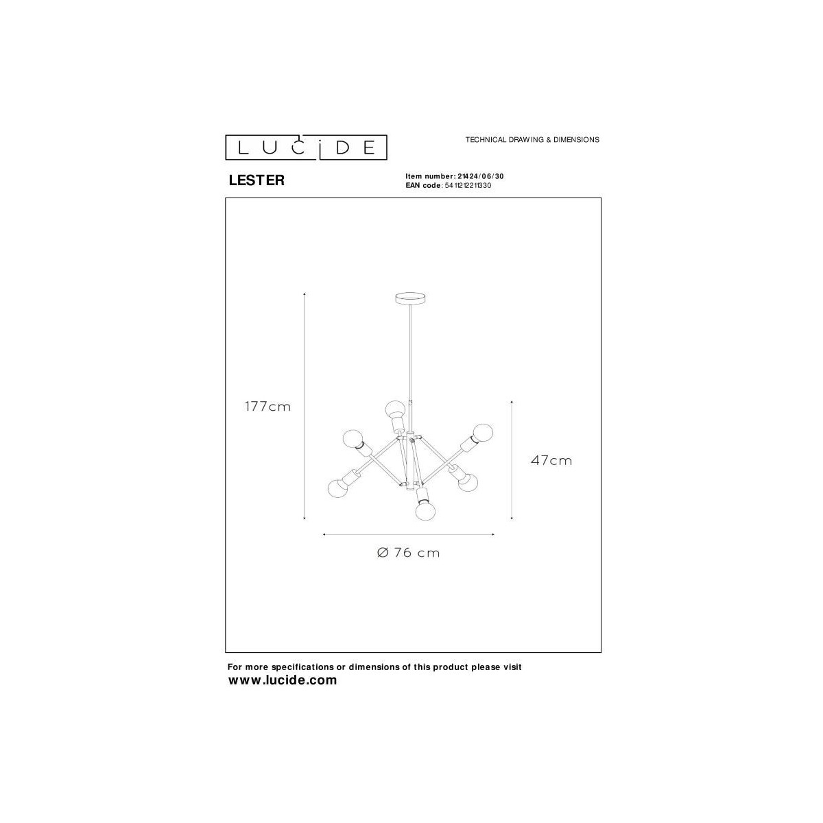 Lucide 21424/06/30 LESTER - Lampa wisząca - 6xE27 - Czarna