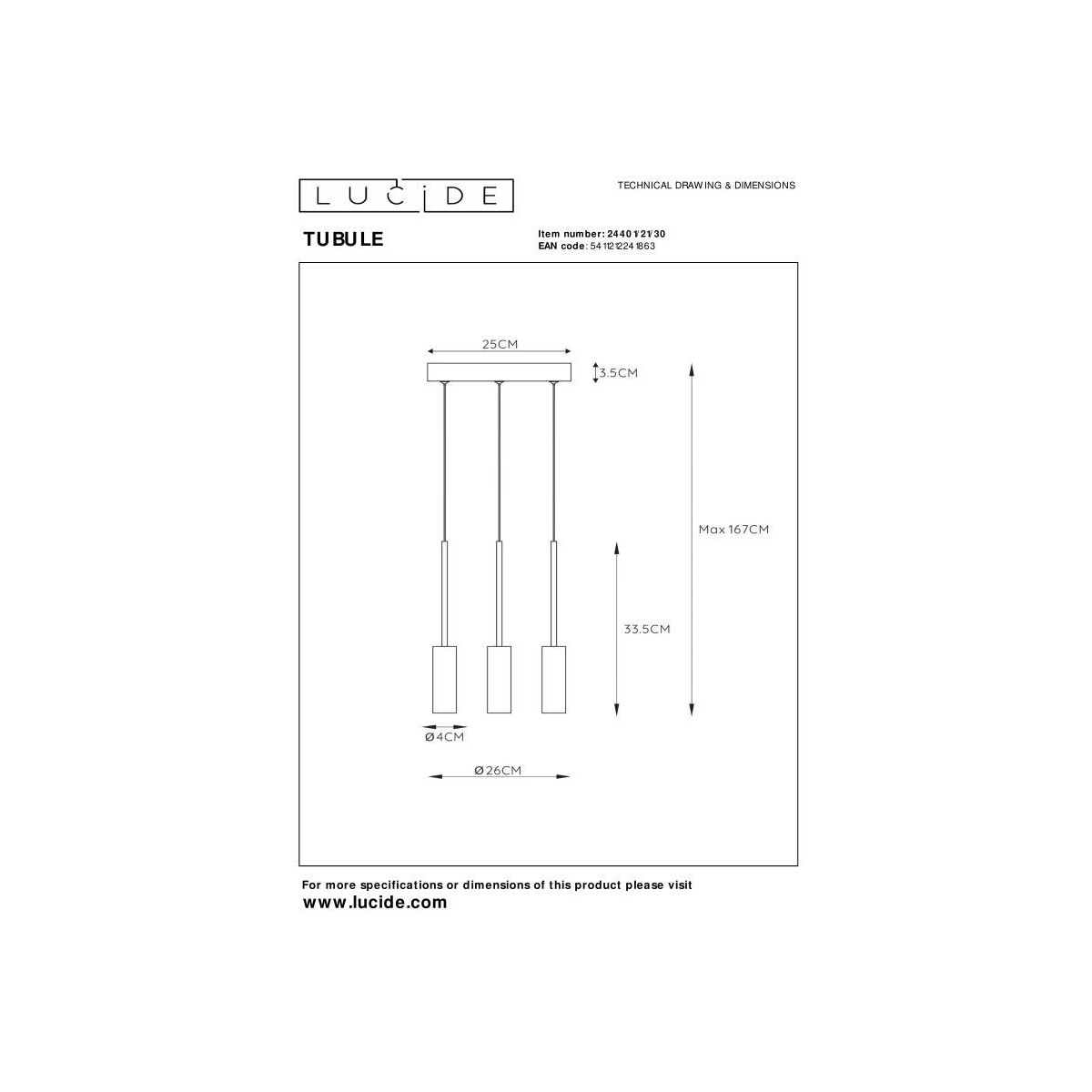 Lucide 24401/21/30 TUBULE - Lampa wisząca - 26 cm - LED - 3x7W 2700K - Czarny