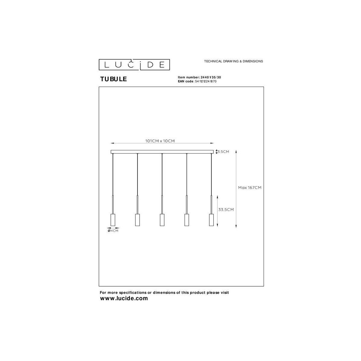 Lucide 24401/35/30 TUBULE - Lampa wisząca - LED - 5x7W 2700K - Czarna