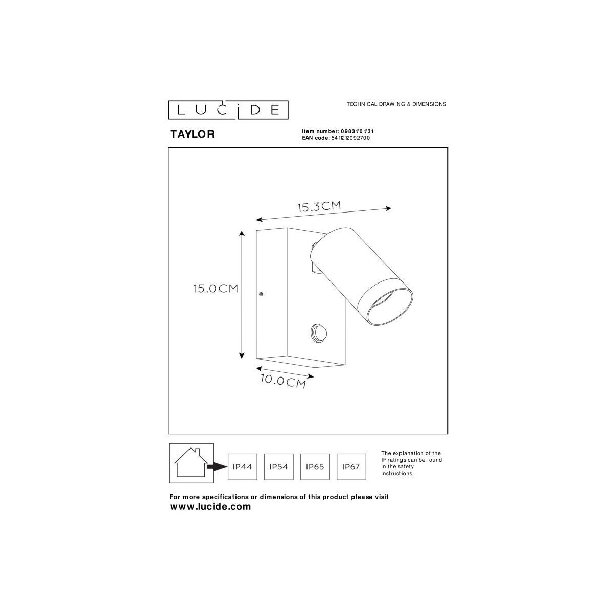 Lucide 09831/01/31 TAYLOR - Reflektor ścienny - Kinkiet do wewnątrz i na zewnątrz - 1xGU10 - IP54 - Czujnik ruchu - Biały