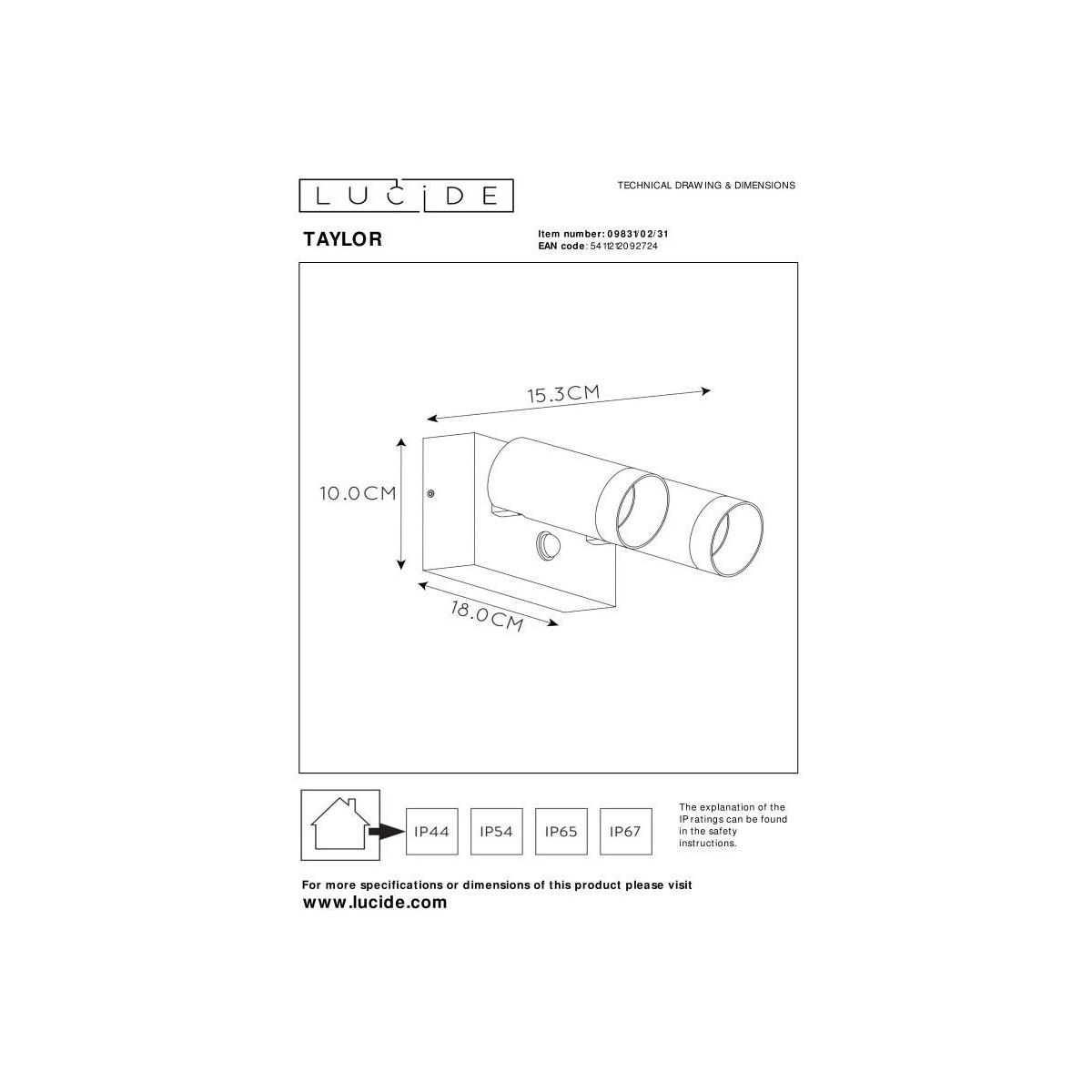 Lucide 09831/02/31 TAYLOR - Reflektor ścienny - Kinkiet do wewnątrz i na zewnątrz - 2xGU10 - IP54 - Czujnik ruchu - Biały