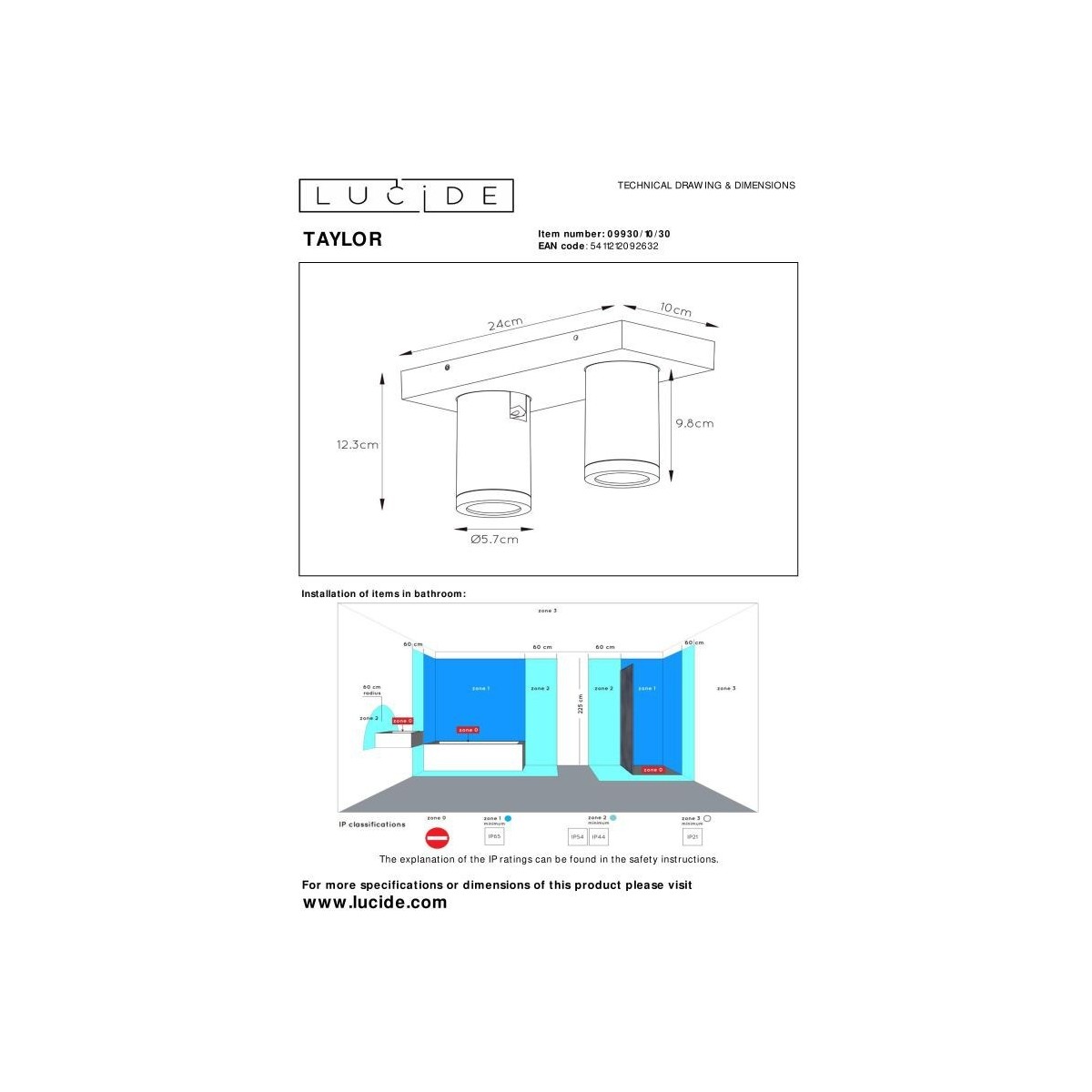 Lucide 09930/10/30 TAYLOR - Reflektor sufitowy łazienkowy - LED Ściemnialny do ciepłego - GU10 - 2x5W 2200K-3000K - IP44 - Cz…