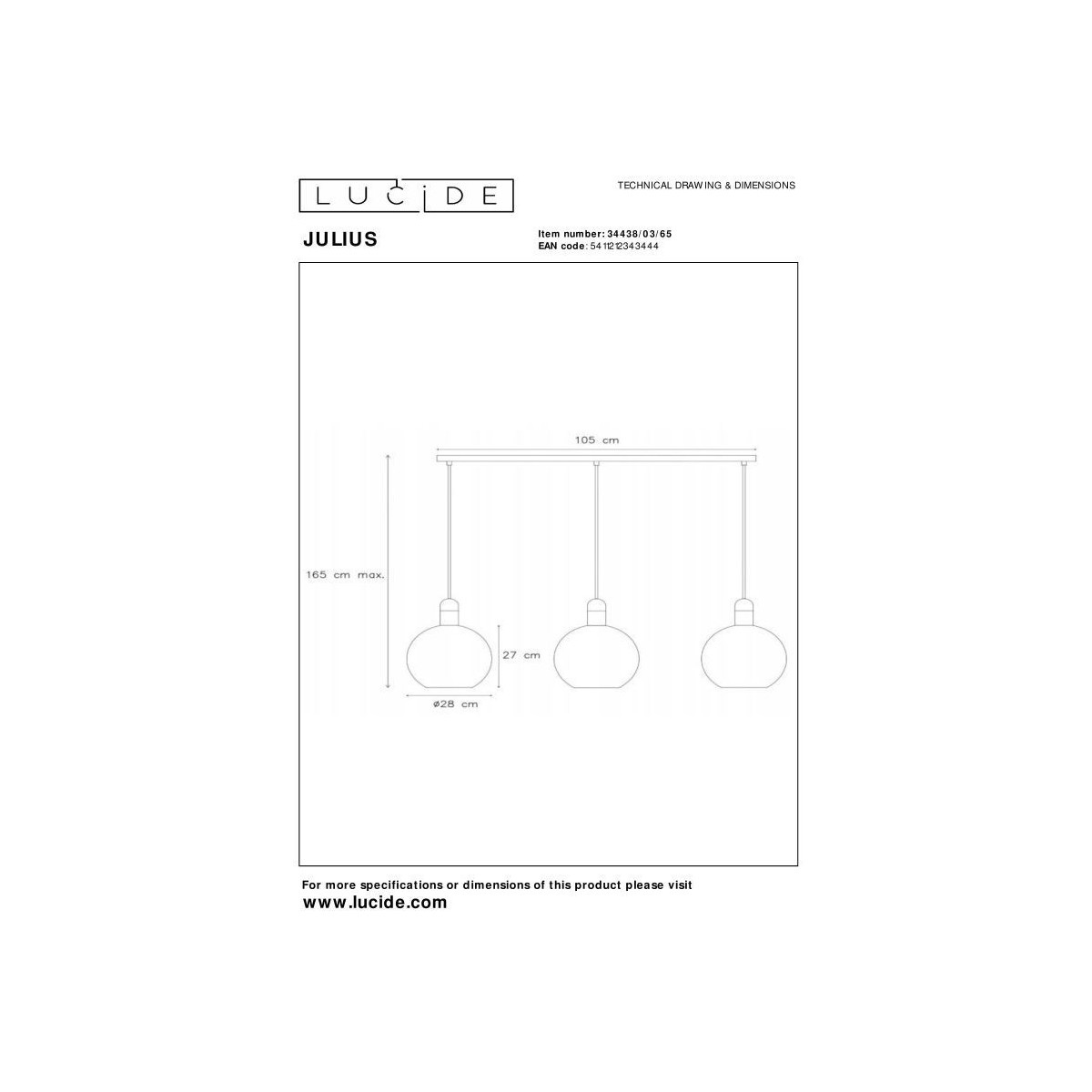 Lucide 34438/03/65 JULIUS - Lampa wisząca - 3xE27 - Szary dymny